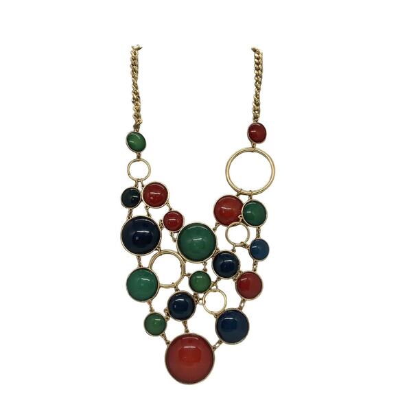 Fabulous Fashion 15” Gold Chain Necklace & Earrings Red Green Blue Disc Bib USA - Picture 13 of 16